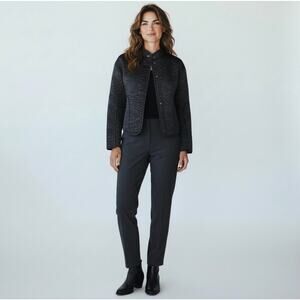 Lewit Solid Black Floral Quilted Snap Front Belted Jacket Women's Small